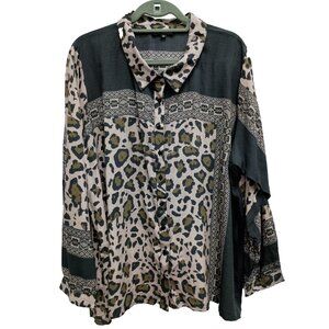 Tolani Collection Womens BOHO Shirt Size 2X Gray Animal Print Long Sleeve Casual